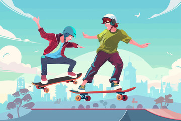 Sticker - People Playing Skateboard in Park Illustration