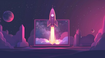 rocket coming out of laptop screen innovation and creativity concept background