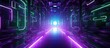 Abstract futuristic interior with neon tubes in violet and green colors