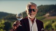 An elderly respectable man in a stylish jacket holds a glass of red wine in his hand against the backdrop of a vineyard stretching into the distance. Summer sunny day on the farm.