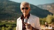 An elderly respectable man in a stylish jacket holds a glass of red wine in his hand against the backdrop of a vineyard stretching into the distance. Summer sunny day on the farm.