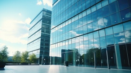 Wall Mural - Exterior of a large glazed modern office building, business center on a bright sunny day. A deserted city street is reflected in the windows.