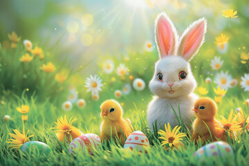 Wall Mural - A cartoon rabbit is sitting in a field with two baby chicks and a bunch of Easter eggs. The scene is bright and cheerful, with the sun shining down on the animals and the eggs