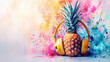 water color painting colorful Fruit Pineapple in headphones summer concept with Tropical Freshness vibrant, ripe pineapple, embodying freshness and tropical allure background banner copy space area