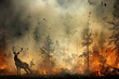 A deer stands amongst burning trees in a forest, fleeing from a raging fire as part of an escaping wildlife scene