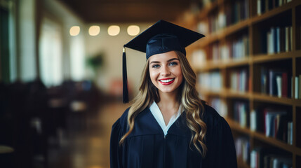 Wall Mural - A happy European woman dressed in graduation attire posing in a library, embodying the concept of education success. Ai generative illustration