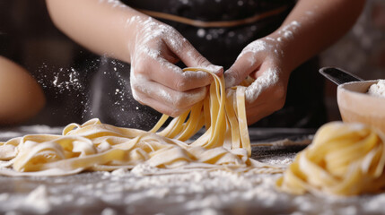 Wall Mural - A woman prepares homemade noodles with care and skill, kneading the dough and expertly shaping it into delicate strands to create a delicious homemade dish.