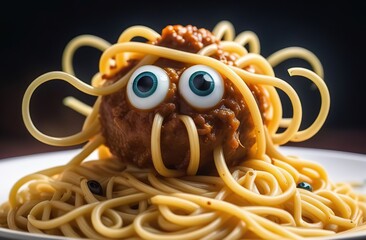 Wall Mural - The Flying Spaghetti Monster, floating glob of spaghetti with two big meatballs and tiny eyeballs sticking up on pasta stems,