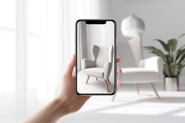 Wall Mural - A hand holds a phone with an augmented reality application in a chair in the interior of a modern bright room. AR technology for 3D furniture in the online store.