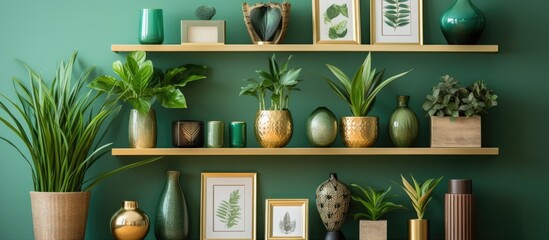 Wall Mural - Interior design of living room with gold photo frame on green shelf with plants in pots Chic decor and stylish accessories