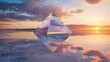 Sunset reflection concept on a crystal pyramid in a quiet desert.