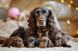 mother dog with her cubs, a litter of puppies. Russian spaniel mother and brood.