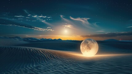 Wall Mural - a serene desert landscape illuminated by a mysterious light sphere, with the contrast of the bright,