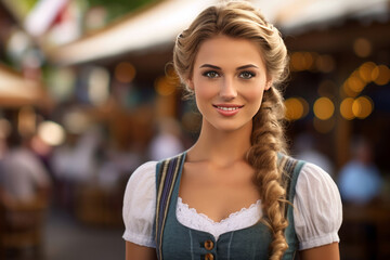 Wall Mural - portrait of a Bavarian girl at a beer festival, women's national dirndl outfit for Oktoberfest.