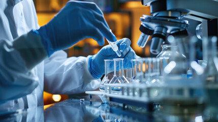 health care researcher working medical science laboratory technology experimental scoop chemistry