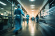 Dynamic blur of medical staff rushing through a hospital hallway