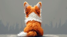 Concept Art Character Of A Simple Fat Cute Funny Kawaii Fluffy Cartoon Orange Corgi Puppy In Sitting Playful Pose. Lovely Adorable Pet In Stylized Minimal Style. Back View In Pastel Colors 