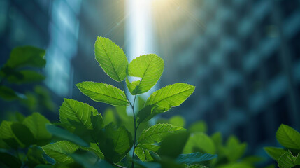 Canvas Print - Eco-friendly building in the modern city. Green tree branches with leaves and sustainable glass building for reducing heat and carbon dioxide. Office building with green environment. Go green concept.