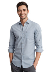 handsome man wearing formal clothes with hands in pockets, smiling and looking at the camera. isolat