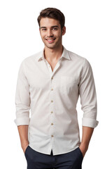 Wall Mural - Handsome man wearing formal clothes with hands in pockets, smiling and looking at the camera. isolated, transparent background, no background. PNG.