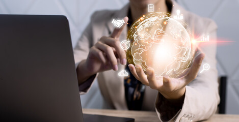 Fototapete - Businesswoman use Internet connection technology and digital marketing. IoT Internet of Things, Digital marketing media (website ad, email, social network, SEO, video, mobile app)