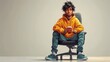 Young tall successful kawaii funny asian programmer guy in yellow hoodie, green sneakers sits cross-legged on gray office chair at blue computer desk holds red cup of coffee in hand, enjoys 