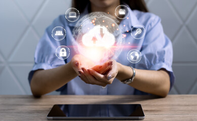Poster - Modern industrial, Business Woman and cloud computing concept. Communication network. INDUSTRY 4.0