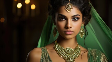 Wall Mural - Happy diwali concept- Elegant Indian Woman Adorned with Traditional Gold Jewelry in Green Dress