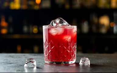 Red alcohol cocktail in glass with ice