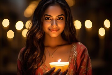 Wall Mural - Happy Diwali Celebration Concept with Indian Young Woman Holding Illuminated Oil Lamp (Diya) in Traditional Dress.