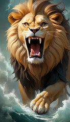 Fantasy Illustration of a wild animal lion. Digital art style wallpaper background.