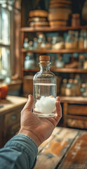 Wall Mural - Hand with bottle of ethyl alcohol and cotton piece in background