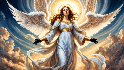 Wall Mural - Beautiful woman angel with wings flies down from heaven.