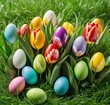 colorful Easter eggs among blooming tulips