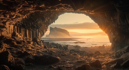 a beautiful view from a natural cave in Iceland where you can see the ocean and a beach with mountains and rocks during sunset in the evening with little white and black clouds covering the sky