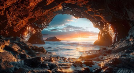 Wall Mural - a beautiful view from a natural cave in Iceland where you can see the ocean and a beach with mountains and rocks during sunset in the evening with little white and black clouds covering the sky