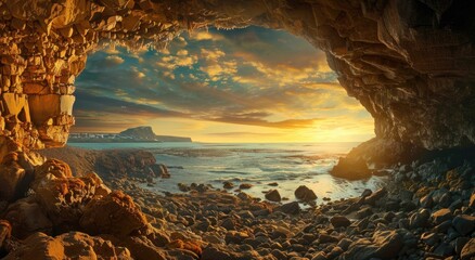 a beautiful view from a natural cave in Iceland where you can see the ocean and a beach with mountains and rocks during sunset in the evening with little white and black clouds covering the sky
