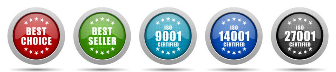 Aufkleber - Business icons, miscellaneous buttons such as best choice, best seller, iso 9001, iso 14001 and iso 27001 for webde vaccine, people and emergency phone, circle glossy web icon collection