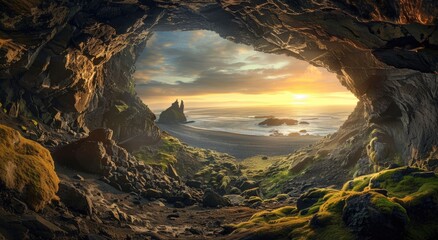 Wall Mural - a beautiful view from a natural cave in Iceland where you can see the ocean and a beach with mountains and rocks during sunset in the evening with little white and black clouds covering the sky
