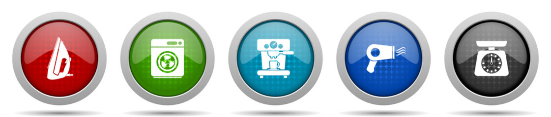 Aufkleber - Household appliances icons, miscellaneous buttons such as iron, dryer, coffee maker adn kitchen scale, circle glossy web icon collection