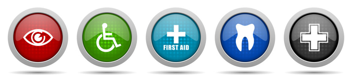 Leinwandbilder - Hospital icons, miscellaneous buttons such as eye, wheelchair, first aid, dentist and cross, circle glossy web icon collection