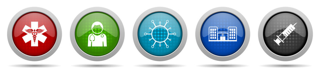 Fototapete - Healthcare icons, miscellaneous buttons such as emergency, doctor, virus, hospital and syringe, circle glossy web icon collection
