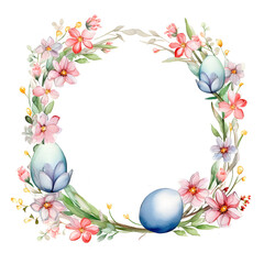 Wall Mural - Watercolor cute Easter flower circle frame isolated on white background with empty space for banner print template design