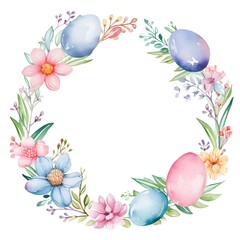 Poster - Watercolor elegant Easter floral egg round frame border background with copy space for holiday religion festival concept
