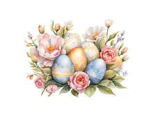 Wall Mural - Watercolor Easter composition arrangement of flowers and eggs isolated on white background for spring season nature holiday decoration
