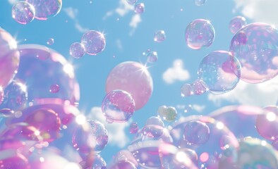 Wall Mural - pink and blue color transparent soap bubbles flying in the sky with clouds during sunshine in the morning
