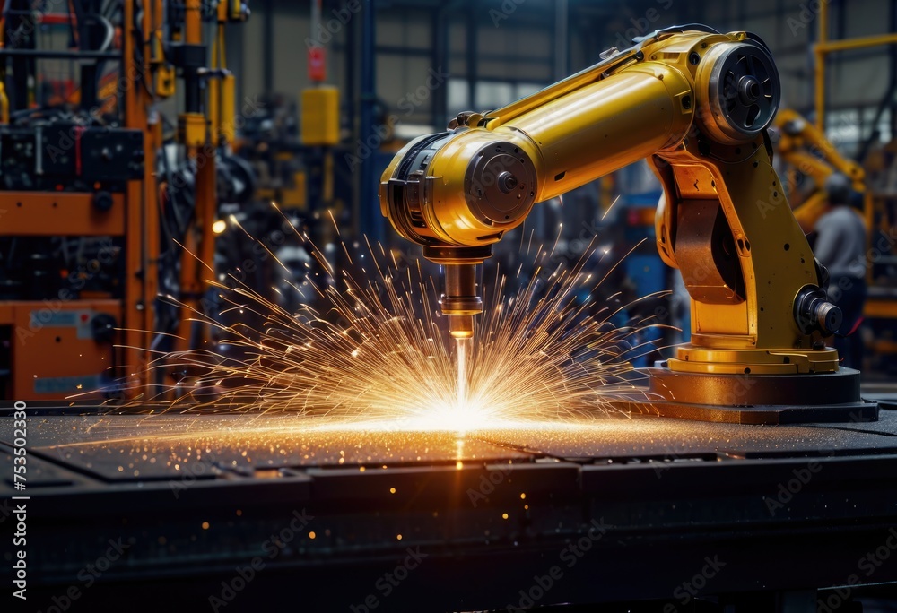 In an industrial setting, sparks fly as a robotic arm meticulously ...