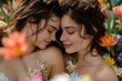 a pair of beautiful girls in love on a background of spring flowers generated by AI