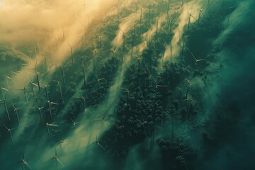 Sticker - aerial view of wind turbines in the green beautiful natural forest with big green trees and bushes covered in mist and smoke during sunset