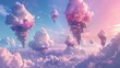 Floating Pink Cloud Islands in a Dreamy Sky Surreal landscape of vibrant pink cloud islands floating amidst a soft, dream-like sky, invoking a sense of fantasy and tranquility.

